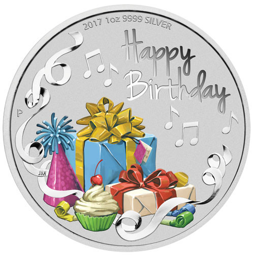 Happy Birthday Silber 1 oz coloriert polierte Platte 2017