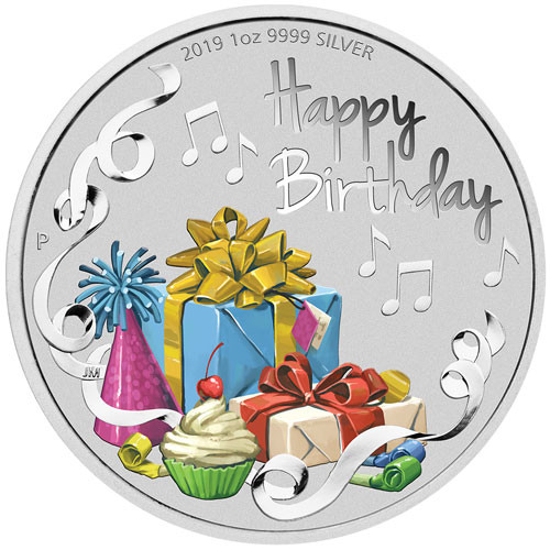 Happy Birthday Silber 1 oz coloriert polierte Platte 2019