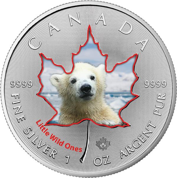 Maple Leaf Wildlife 2016 Tierbabys - Polarbär coloriert Silber 1 oz