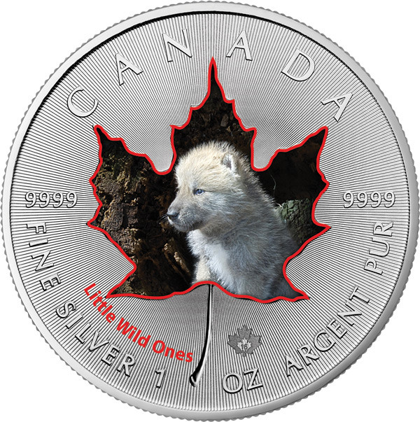 Maple Leaf Wildlife 2016 Tierbabys - Arktischer Wolf coloriert Silber 1 oz
