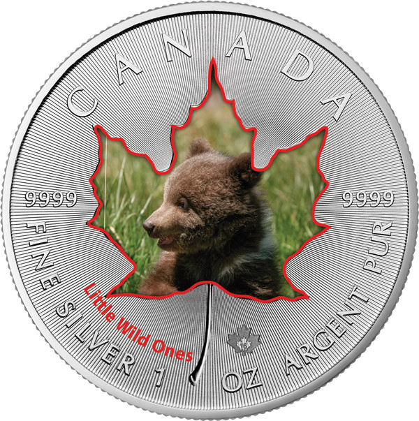 Maple Leaf Wildlife 2016 Tierbabys - Grizzly-Bär coloriert Silber 1 oz