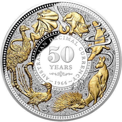 Niue - 50 Jahre Dezimalwährung Silber 5 oz vergoldet PP