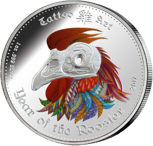 Ghana Tattoo Art - Year of the Rooster 2017 Silber 1 oz polierte Platte - High Relief