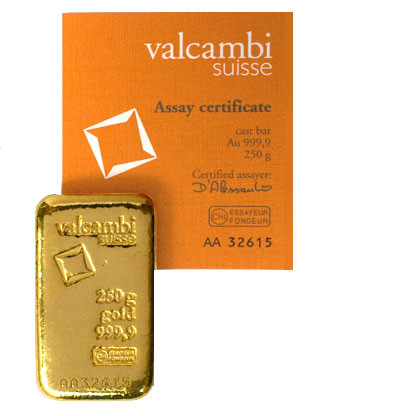 Goldbarren Valcambi gegossen 250g