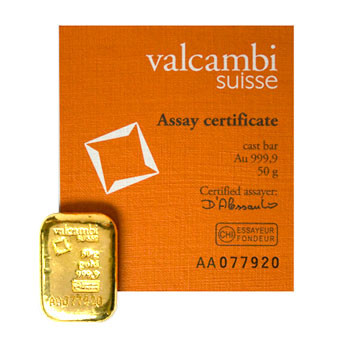 Goldbarren Valcambi gegossen 50 g