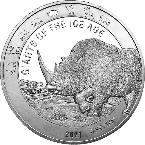 Ghana - Giganten der Eiszeit - Wollnashorn 1 kg Silber 2021