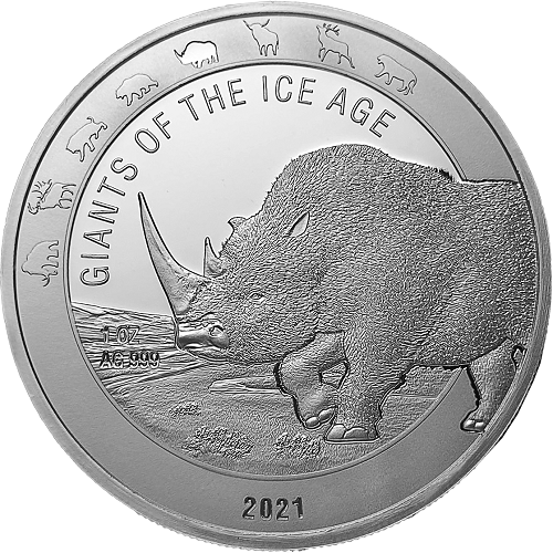 Ghana - Giganten der Eiszeit - Wollnashorn 1 oz Silber 2021