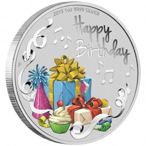 Happy Birthday Silber 1 oz coloriert polierte Platte 2019