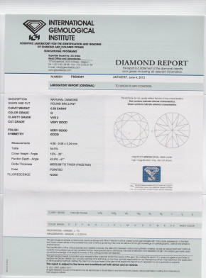 Diamant IGI, D, IF, 0,53 ct., H+A 653954